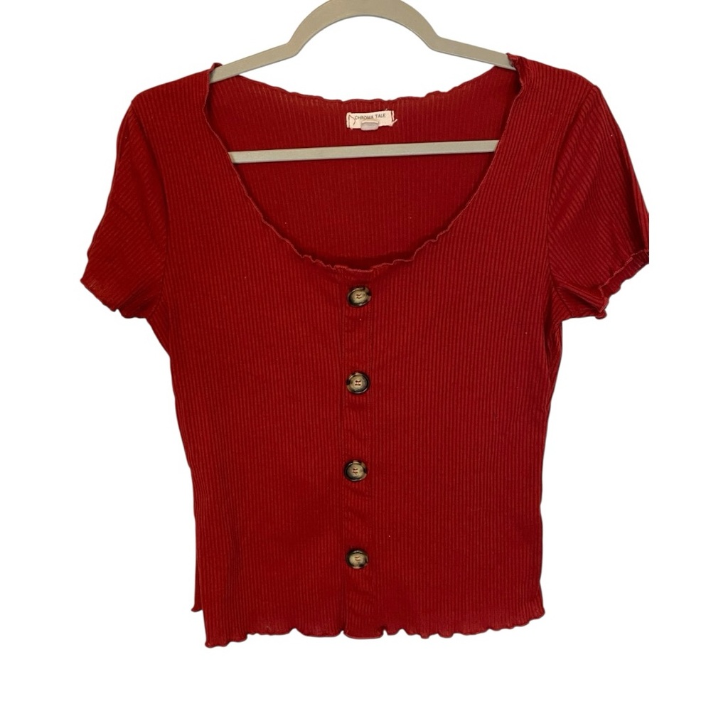 Chroma Tale Ribbed Red Cropped Button Down Shirt Short Sleeve